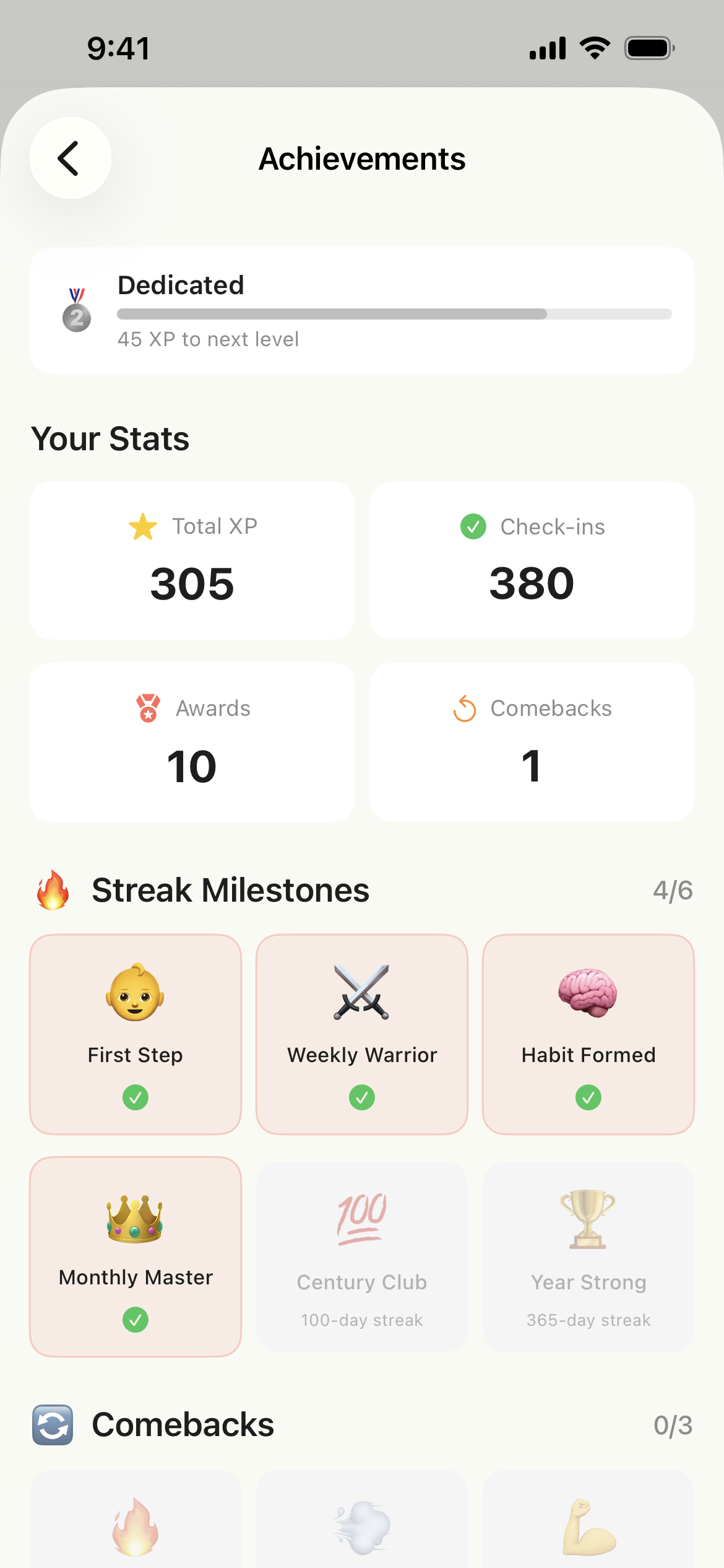 TinyAct achievements screen showing earned awards and milestones