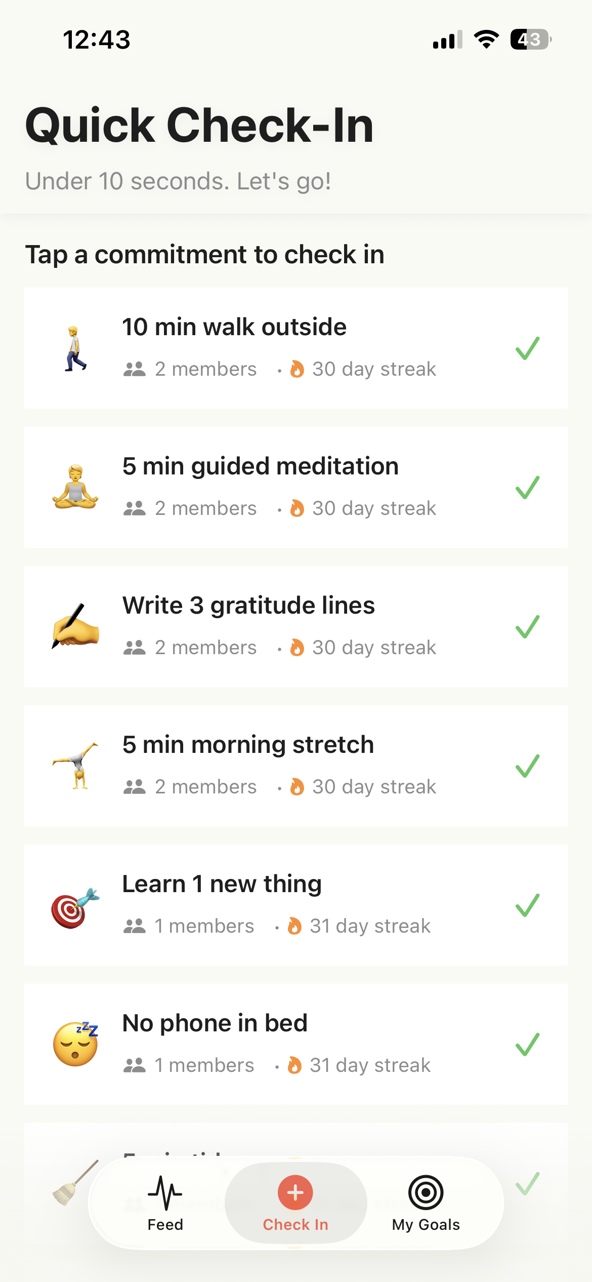 TinyAct check-in screen for logging daily commitment