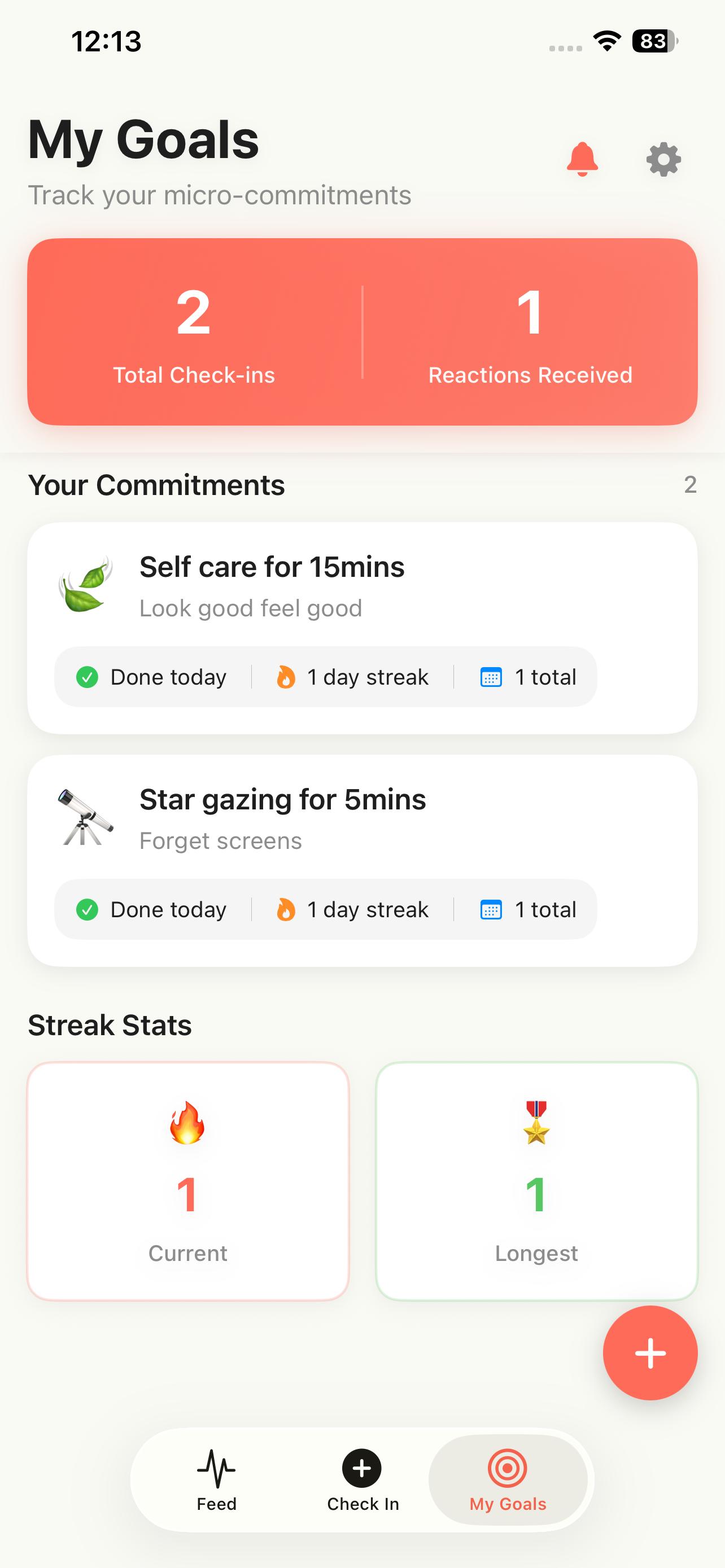TinyAct My Goals screen showing active streaks and commitments