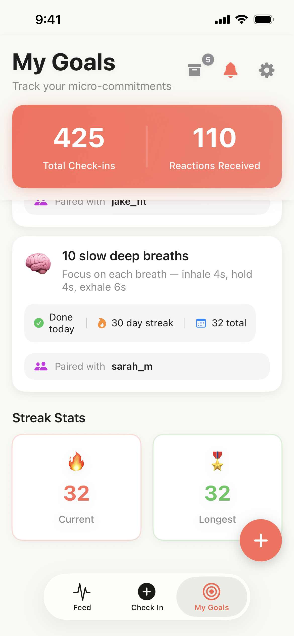 TinyAct My Goals screen with streak statistics